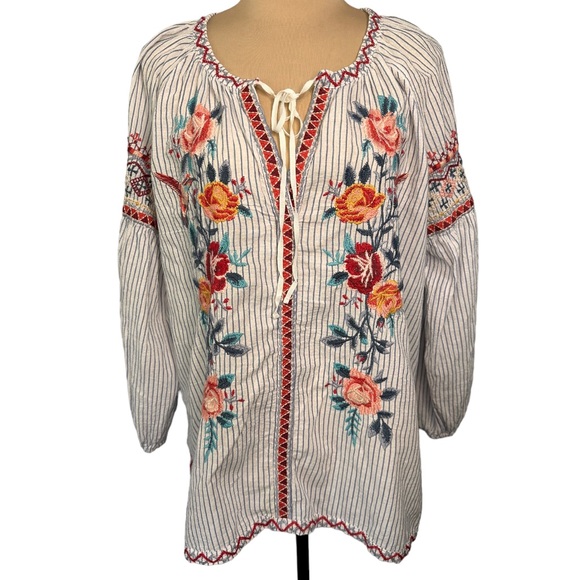 Johnny Was Tops - Johnny Was Nadia Embroidered Striped Long Sleeve  Peasant Tunic, Size M